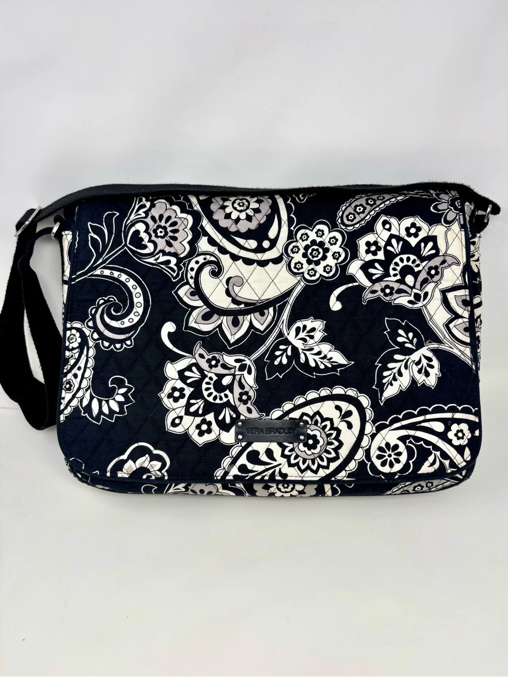 Vera Bradley Midnight Paisley Black White Laptop Tote Crossbody Messenger Bag